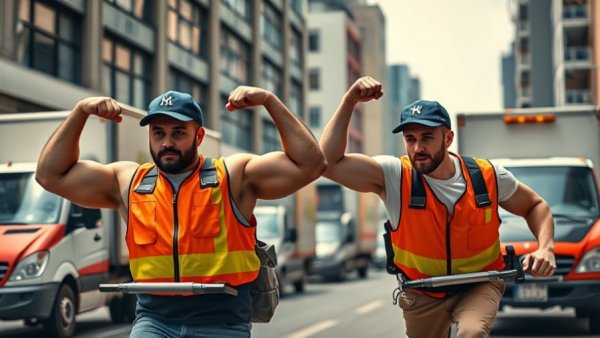 Delivery drivers fitness journey with muscular poses in urban scene.
