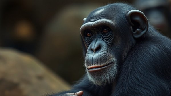 Are Zoos Ethical discussion with a contemplative chimpanzee image.
