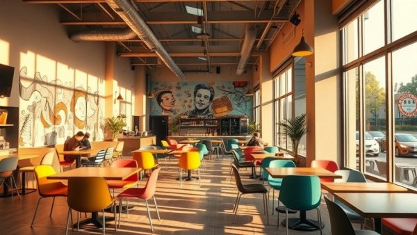 Sunlit cafe interior with modern design and eclectic decor in wellness real estate.