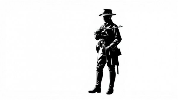 Silhouette of historical figure with rifle related to gun ban at polling places.