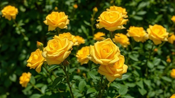 Lush garden with yellow roses and greenery, 'Everything blooms when it’s ready'.