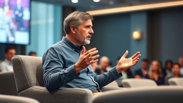 Middle-aged man in a seminar setting, discussing impulse spending.