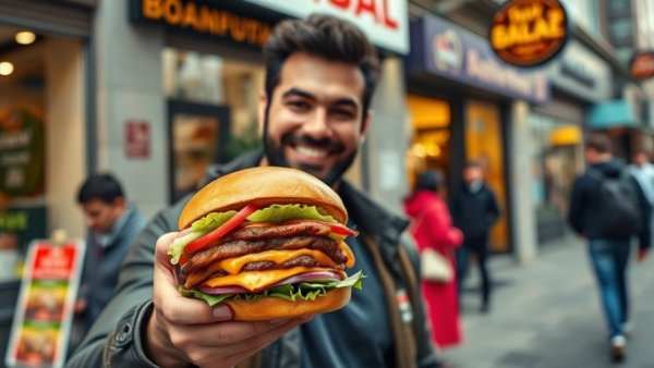 Halal burger chain success story; man holding burger in urban setting.