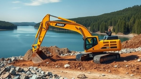 Excavator working near a lake on rocky terrain.