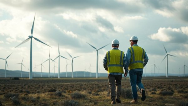 Engineers discuss renewable energy at Australian wind farm, illustrating energy transition coordination.