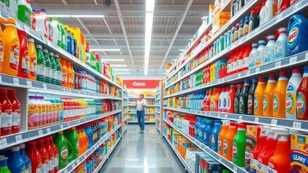 Person showcasing Japan's cleaning products in a well-lit supermarket.
