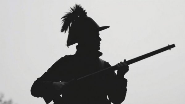 Silhouette of 18th-century soldier with rifle, vintage style.