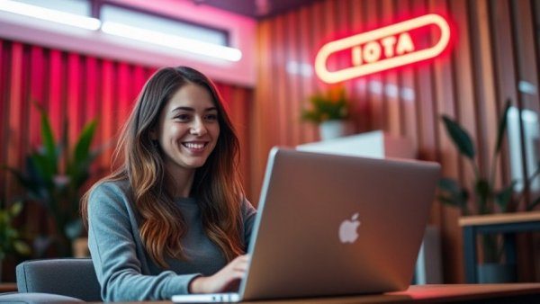 Smiling woman with laptop discussing newsletter sign-ups in modern office.