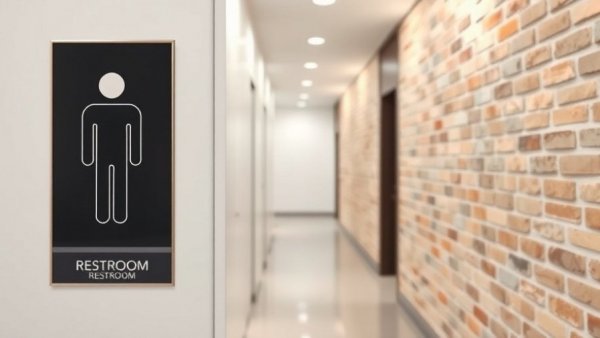 Restroom and accessibility signs in a corridor for touchless technology restroom experience.