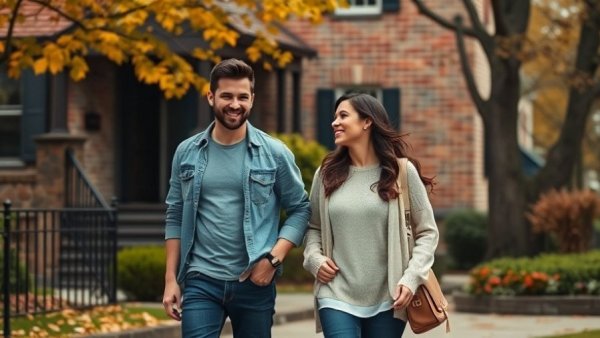 Couple exploring historic neighborhood for home buying.