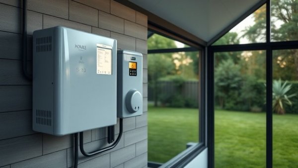 Modern home battery backup system on wall with evening lighting.