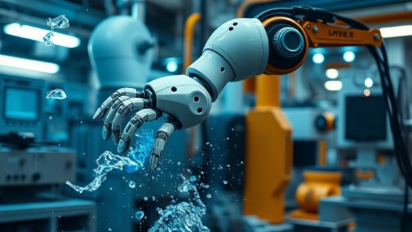 Robotic arm in futuristic factory indicating water's role over oil in manufacturing.