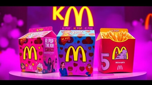 KPop Demon Hunters Meals promotional display with vibrant boxes and McDonald's logo.