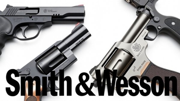 Smith & Wesson firearms with overlay text highlighting features.