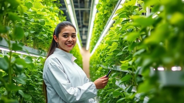 Young woman examining plants in a soil-free vertical farm.
