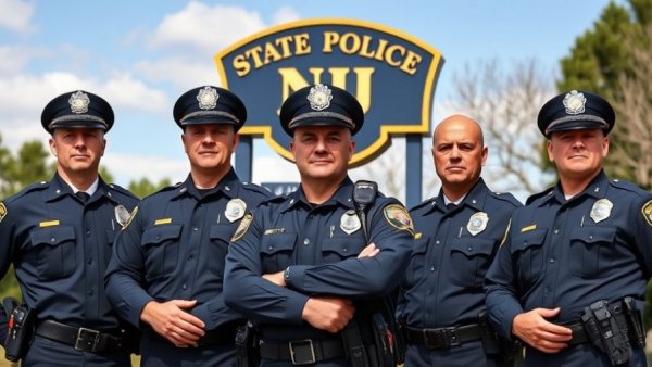 New Jersey State Police officers in uniform, standing formally outdoors.