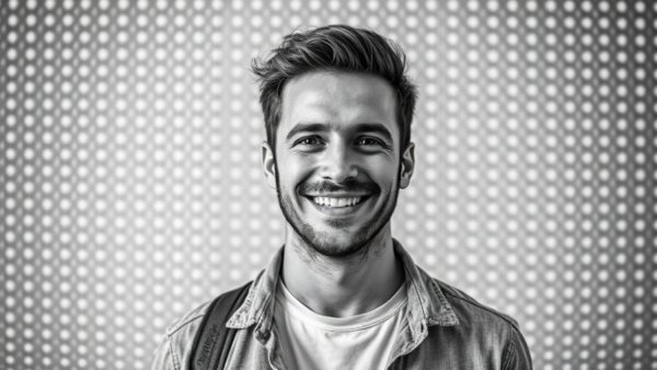 Portrait of a smiling man in a black and white design, symbolizing professional uncertainty and competitive advantage.