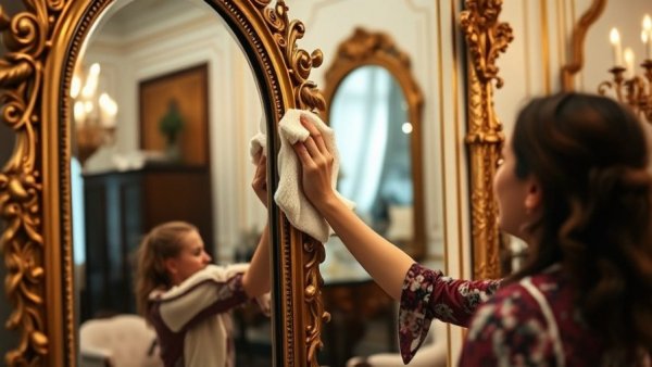 Woman smiling while cleaning a mirror, elegant home decor