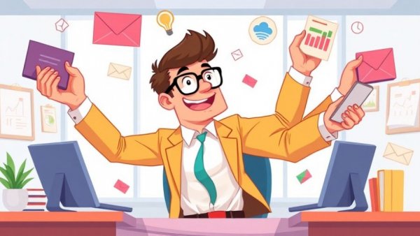 Cartoon of busy entrepreneur multitasking with colorful icons for time management.