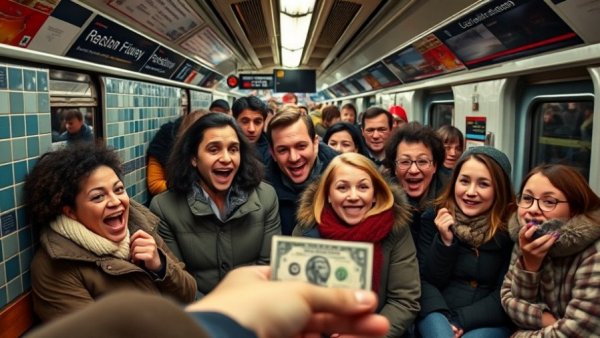 Stairs Challenge NYC scene in subway with diverse passengers reacting.