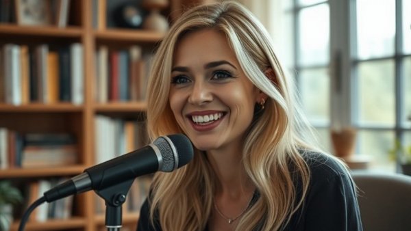 Blonde woman in a home office speaking into a microphone, building a culture of ownership.