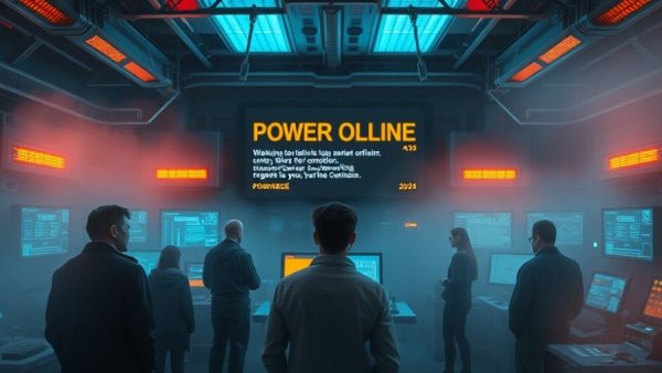Futuristic control room shows power offline warning, depicting crisis.