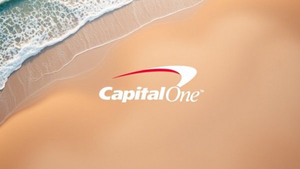 Capital One travel app logo on a beach background.