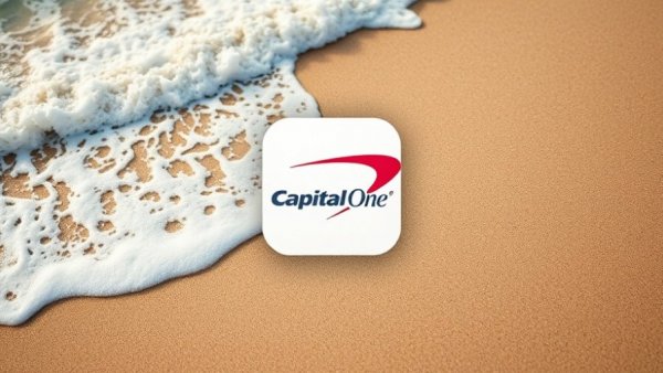 Capital One Travel app icon against beach and ocean waves.