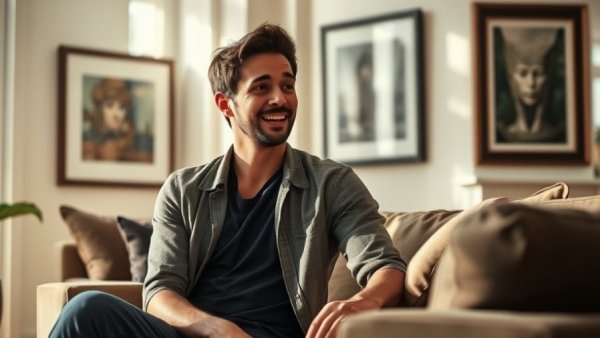 Man discussing goals in a modern living room with natural lighting.