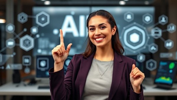 AI marketing presentation by woman in futuristic workspace.