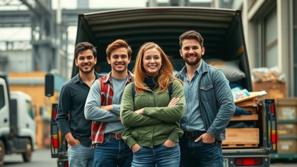 Gen Z entrepreneurs standing by a truck in an urban setting.