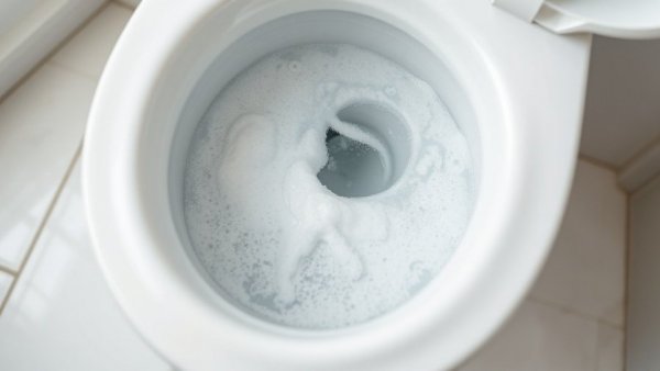 Close-up of toilet cleaning with foam swirling in the bowl.