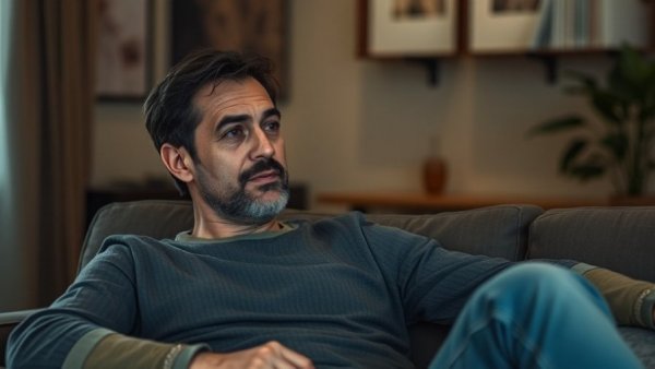 Casual man seated on couch discussing limitations of AI in decision-making.