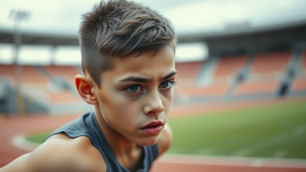 Focused young athlete preparing to sprint on track.