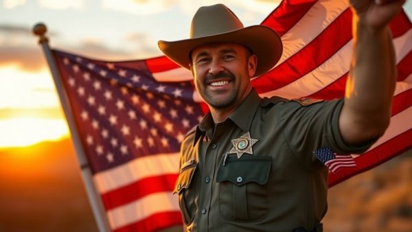 Sheriff holding flag, Chase Greatness, sunset.