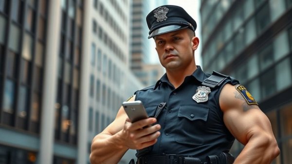 Muscular police officer's fitness secrets in an urban setting.