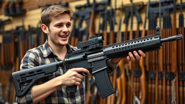 Enthusiastic young man discussing firearm with GunCon gaming accessory.