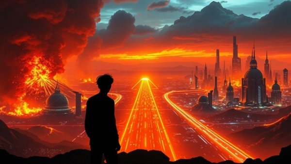 Crossroads of decisions with fiery and futuristic paths.