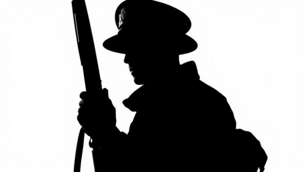 Silhouette of figure with rifle, historical illustration style.