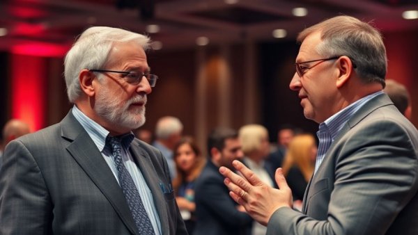 Two men networking on stage at a professional event