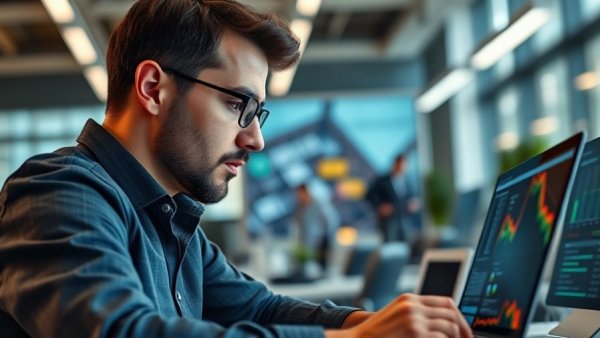 Man evaluating AI tax help in a modern office setting.