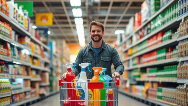 Spring cleaning must haves in a shopper's cart at a hardware store