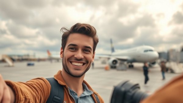 Sustainable travel tips: young man at airport taking selfie.