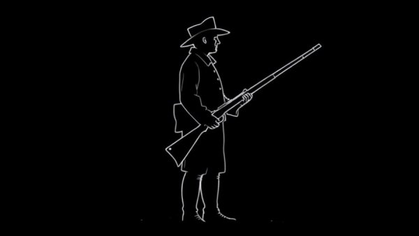 Silhouette of minuteman with rifle in colonial style, black and white.