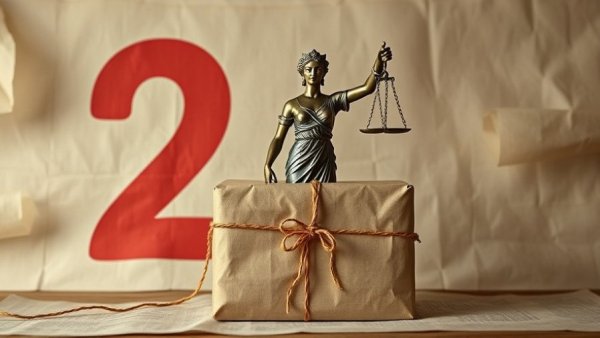 Lady Justice statue unwrapped with bold red number backdrop.