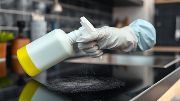 Gloved hands using disinfectant spray for maintaining proper sanitation and hygiene.