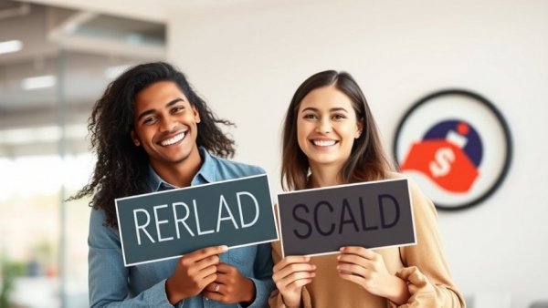 Happy couple holding realtor signs, bright office setting