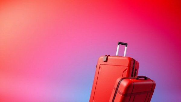 Stylized airplane tail and luggage art concept with red-blue gradient.