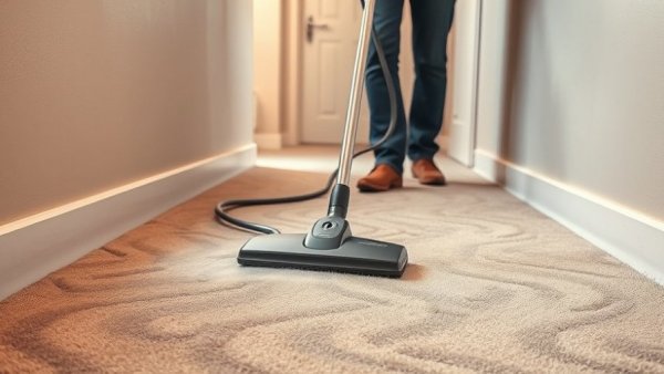 Steam cleaning wrinkly carpet in a hallway.