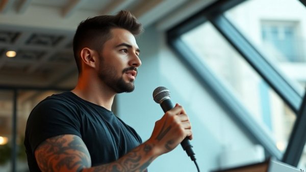 Overcoming fear of AI: Man discusses technology in a modern office.